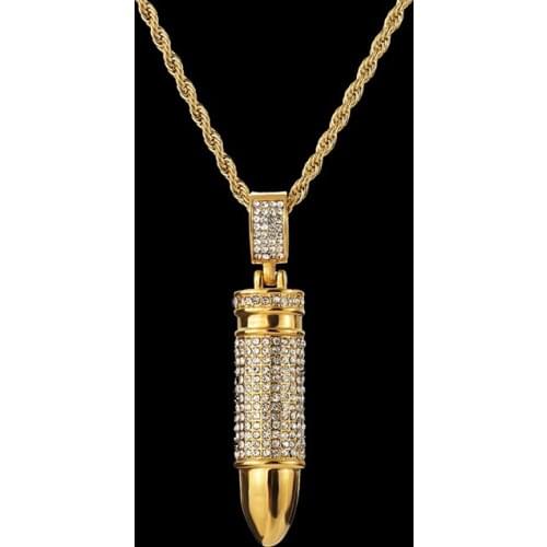 Army Bullet With Rhinestone Pendant Necklace Stainless Steel Necklaces Bling Crystal stone Charm Cuban Chain Hip Hop Jewelry