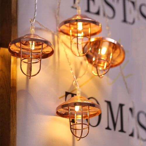 Retro Iron Lampshade String Light Fairy Warm White Garland Lamp Battery USB Operated Xmas for Cafe Christmas Wedding Party Decor