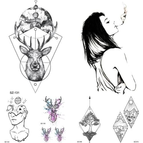 3D Temporary Tattoo Stickers Women Body Arm Smoking Girls Water Transfer Tatoo Men Wrist Geometry Deer Moon Fake Tattoo Supplies