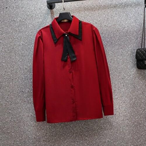 Red Long Sleeved Plus Size Korean Autumn Elegant Fashion Blouses And Tops WomenS Oversize Shirt Clothing 2021 Female Vintage