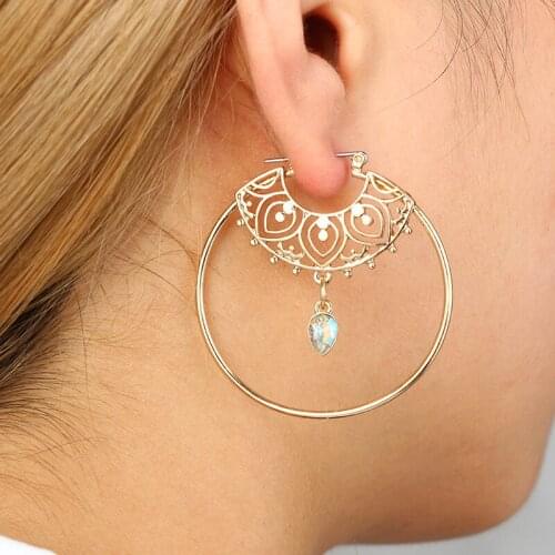 Gold Color Big Circle Round Hoop Earrings For Women Bohemian Crystal Droplet Geometric Hollow Earring Party Jewelry Accessories