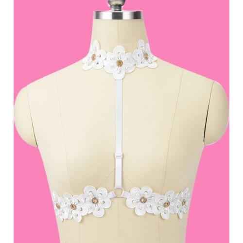 Women Wedding BODY HARNESS White Lace Flowers Harness Bondage underwear Crop Top Wear Necklace Open Chest lace body Cage Bra