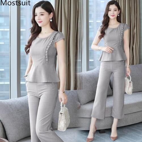 2020 Summer Office Fashion Two Piece Sets Women Short Sleeve Tops + Ankle-length Pants Outfits Elegant Ladies Korean 2 Pcs Sets