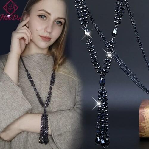 2020 Summer New Boho Shiny Crystal Beads Long Necklace Women Kpop Simple Tassel Sweater Chain Fashion Joker Lady Neck Decoration
