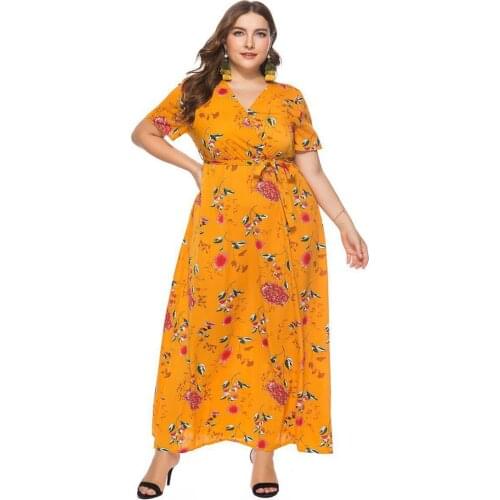 Women Floral Print Long Dress Summer Short Sleeve Bohemia Abaya Islamic Muslim Arabic Maxi Robe Gown V-neck Plus Size Casual New