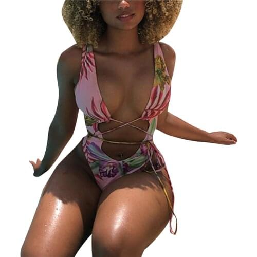 2020 Swimwear Women Sexy Cut Out Lace Up Padded Bikini Floral Printed Beachwear Bathing Suits Swimsuit 2020 Summer Holiday