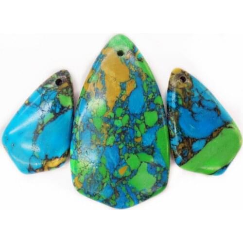 3Pcs/set 50x28x7mm/33x20x6mm Wholesale Blue&Green Sea Sediment Jasper & Pyrite Shield Pendant Bead DIY Jewelry Accessories S923