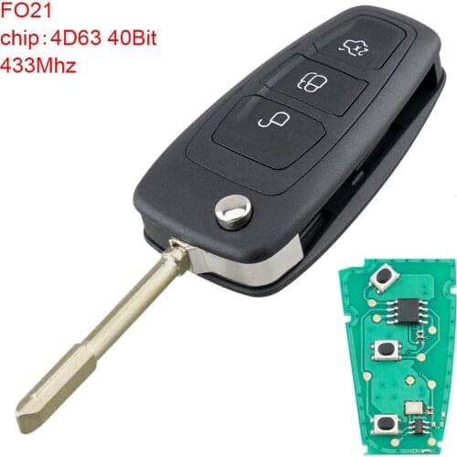 433Mhz Remote Car Key Replacement 3 Button Flip Remote Key Fob with 4D63 40Bit Chip and F021 Blade Fit for Ford Focus Mk1-Mondeo