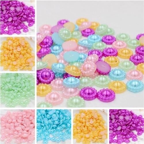 Free Shipping 9mm 144pcs/Lot Flower Flat Back Half Round Imitation Pearl Beads Cameo Cabochon Beads Diy Jewelry Finding Making