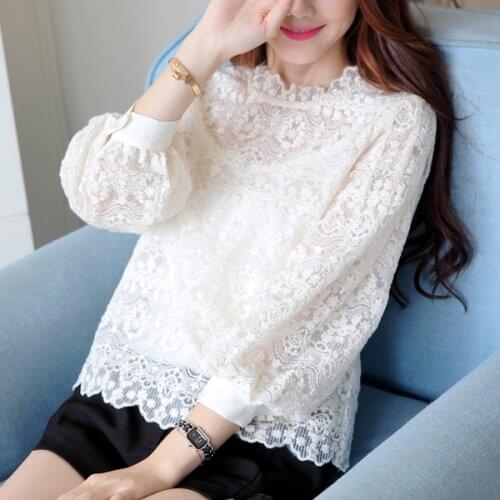 Spring Summer Ladies Women White Lace Lantern Ruffles Sleeve Pearls Blouse , Female Woman 3XL 4xl Fashion Ruffles Neck Blouses