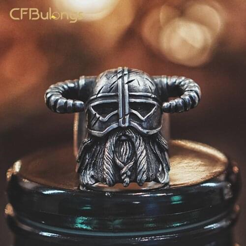 CFBulongs Retro Nordic Style Horns Helmet Warrior Ring Indians Stainless Steel Ring Men Jewelry