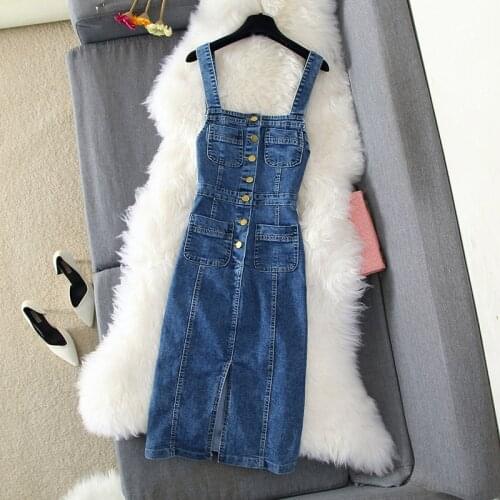 Denim Dress For Women Fashion Single-breasted Button Jean Dress Pocket Sleeveless Square Collar Spaghetti Strap Dresses Female