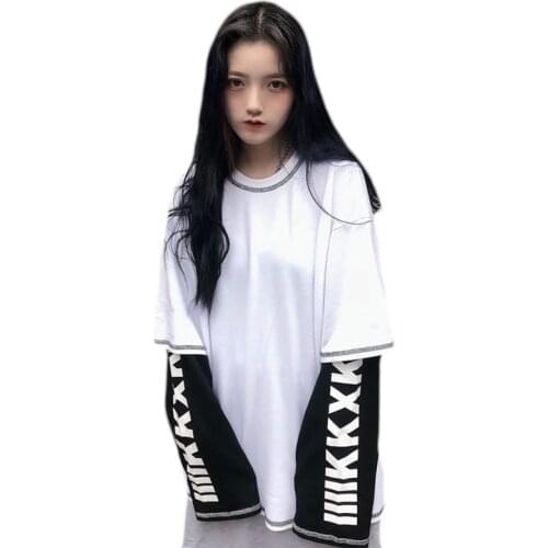 Korean Harajuku Patchwork T Shirts Fake Two Pieces punk product Striped Long Sleeve Casual T-shirt O-neck Women size Top Tees