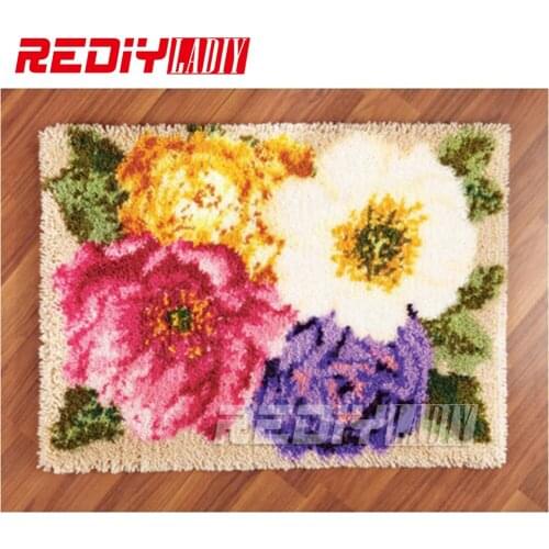 DIY Carpet Rug Colorful Peonies Blanket Latch Hook Rug 3D Crocheting Tapestry Acrylic Yarn Cushion Set for Embroidery Floor Mat
