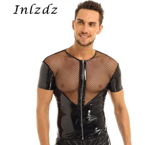Leather Harness Mens Lingerie Sex T-Shirt Shiny Latex Top Short Sleeves Fishnet Top Wet Look Gay Leather Harness Crop Tops Coat