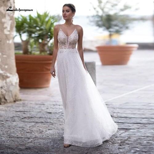 Lakshmigown Sexy Bridal Wedding Dress Beach 2020 Abito da Sposa Sheer White Tulle Mariage Beaded V Neck Boho Wedding Dresses