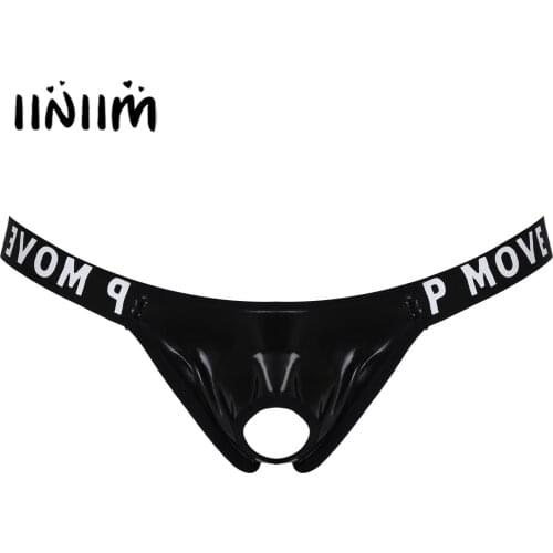 Mens Lingerie Patent Leather Hollow Out Bulge Pouch Jockstrap T-Back Letter Print Sexy Briefs Panties Waistband Thongs Underwear