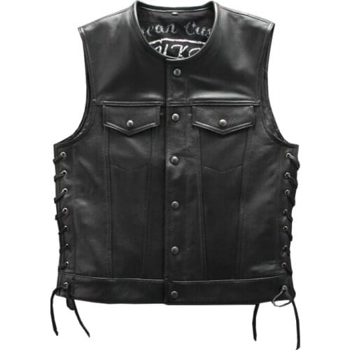 Mens Real Collarless Motorcycle Vest Cowhide Genuine Leather Sleeveless Jackets Adjustable Rope