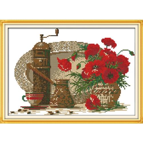 Teacup and poppy cross stitch kit cartoon 14ct 11ct count print canvas stitching embroidery DIY handmade needlework