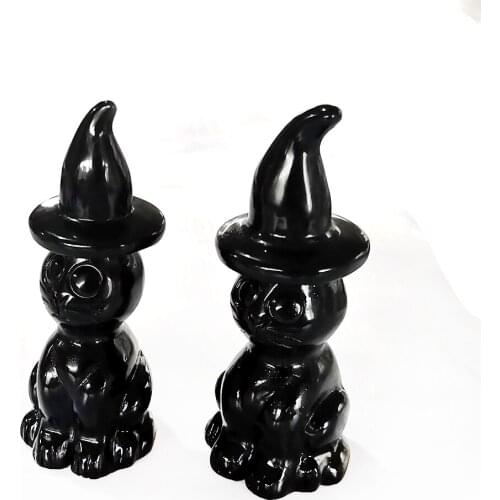 Natural Crystal Hand Carved Obsidian Magic Cat Quartz Crystal Cat Halloween Children Gift Healing Crystal Stone Home Decoration