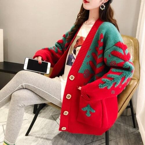 Autumn Winter Women Cardigan 2021 Warm Knitted Sweater Jacket Pocket Embroidery Fashion Knit Cardigans Coat Lady Loose Sweaters