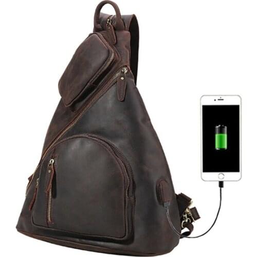 Luufan Featured Travel Backpacks Single Shoulder Genuine Leather Chest Bag With USB Cable Connector Dual Use Big Sling bag