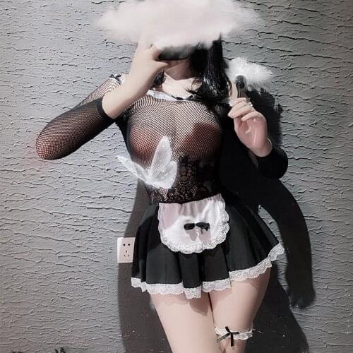 Lolita Sexy Maid Servant Cosplay Costume See-through Mesh Erotic Lingerie Set Role Play French Apron Stockings Dress Uniform