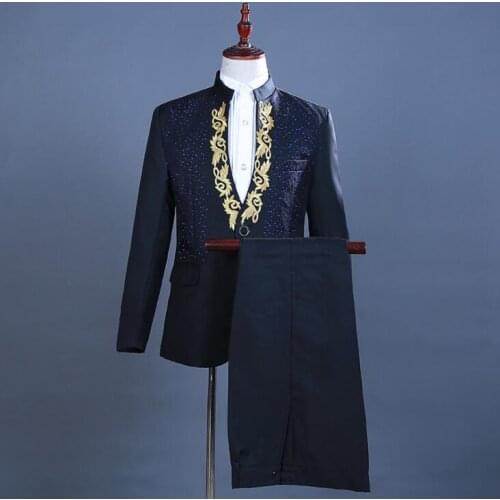 Black wedding suits men blazer boys prom mariage suits hot drill flower stand collar masculino latest coat pant groom clothes