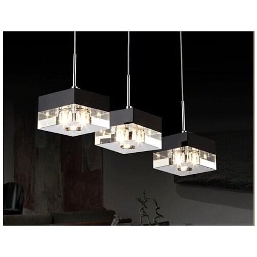 Free shipping Led crystal block modern brief restaurant lights3 head dining room hanging wire led crystal lamps