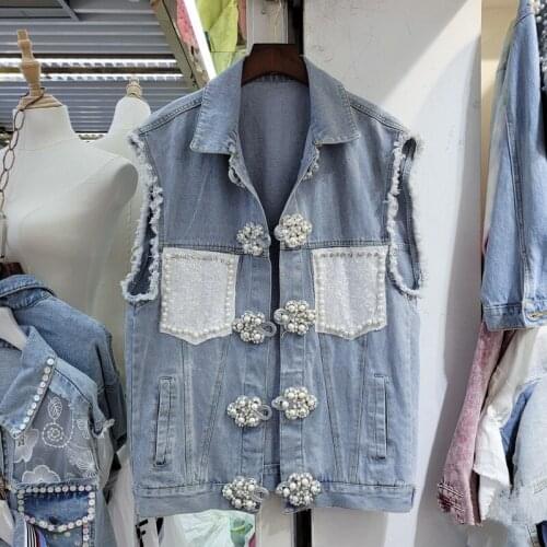 Heavy Work Pearl Buckle Sequin Pocket Frayed Burr Loose Denim Vest Spring Women Vintage Light Blue Diamond Short Jeans Waistcoat