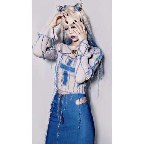 New Summer Hot Girl Gothic Harajuku Rock Purple Lace Long Sleeve Fashion Punk Kawaii Cool Girl Top