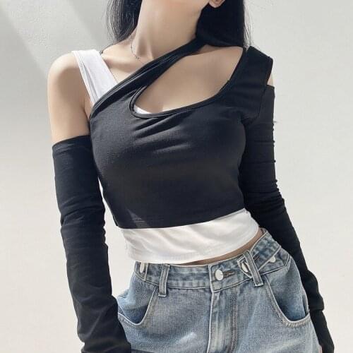2021 Brand New Women Stylish Design Long Sleeve T-shirt Color Block Fake Two Pieces Women Crop Top Hollow Out Tee Camiseta