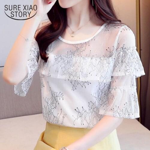 2020 Summer Elegant Korean Loose Fit Summer Tops Solid Color Short Sleeve Mesh Stitch Chiffon Blouse Women Chemisier Femme 9563