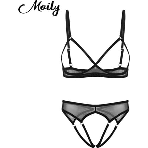 Women Ladies Open Cup Bra Lingerie Set Exotic Apparel See Through Sheer sissy Lingerie Mesh bra Tops Crotchless Briefs Underwear