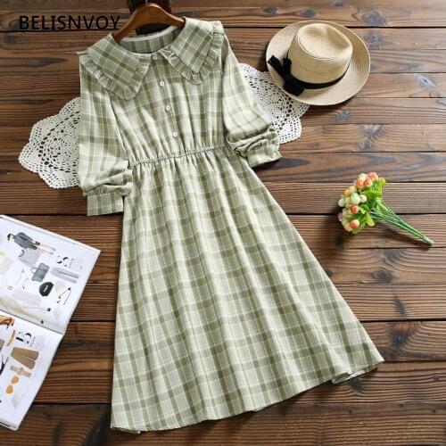 Japanese Preppy Style Autumn Spring Women Dress Cute Kawaii Sweet Peter Pan Collar Dress Apricot Green Plaid Femininos Vestidos
