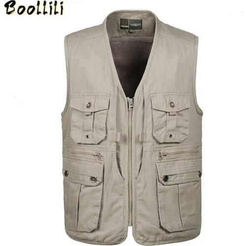 Newest Solid Large Size Cotton Fabric Multi Pockets Vest Men Tactical Photography Waistcoat Loose Inner Pocket Sleeveless Jacket