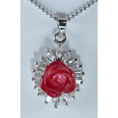 2 kinds! New red Pink Sea Coral Carving Flower Inlay Crystal Pendant Necklace