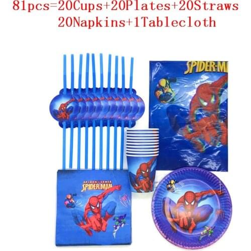 81Pcs Spiderman Theme Disposable Tableware Design Kids Boy Birthday Party Paper Plate+Cup+Napkin+straw+tablecloth Party Supplies
