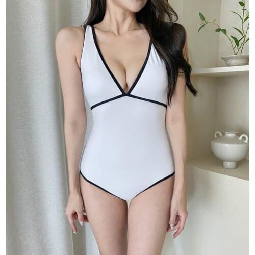 1 Piece Patchwork Deep V-neck Beach Swimsuit Women Color Blocking Sexy Jumpsuit Sleeveless Backless Triangle Sling Swimwear