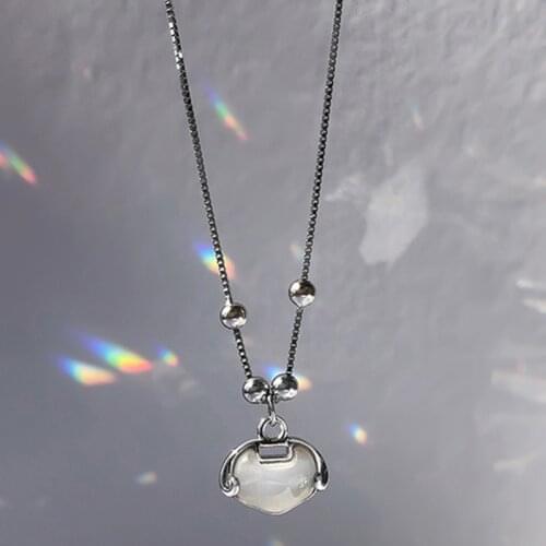 Ruyi Lock Pendant Necklace For Women With Opal Clavicle Chain Round Beads Silver Color Handmade Simplicity Trendy Girls Jewelry