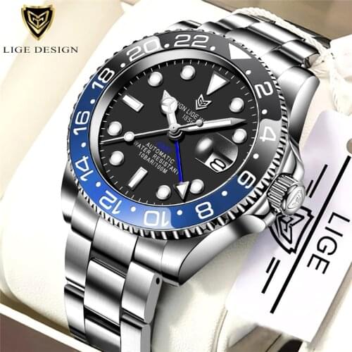 Relogio Masculino LIGE New GMT Watch Top Brand Stainless Steel Sport Waterproof Automatic Watch Luxury Men Mechanical WristWatch