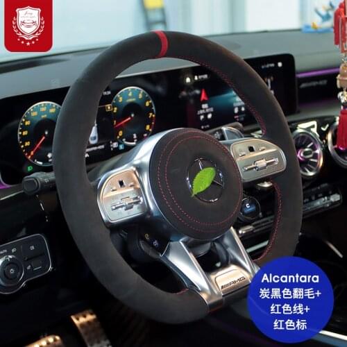 Steering wheel cover for Mercedes-Benz C200 GLC 260E 300L CLA 220 GLE real Alcantara Flip Fleece Cover Black Suede Red thread