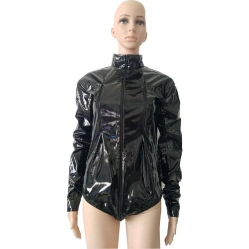 Black color welook Shiny PVC Faux Leather Zentai half bodysuit Leotard Costume Fancy jumpsuit with breast zipper Party Costume