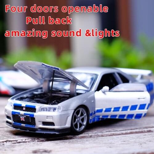 Toy Car 1:32 GTR R-34 Sports car Alloy Model Toy Miniature Model With Pull Back Sound Light Model For Children Car Toys