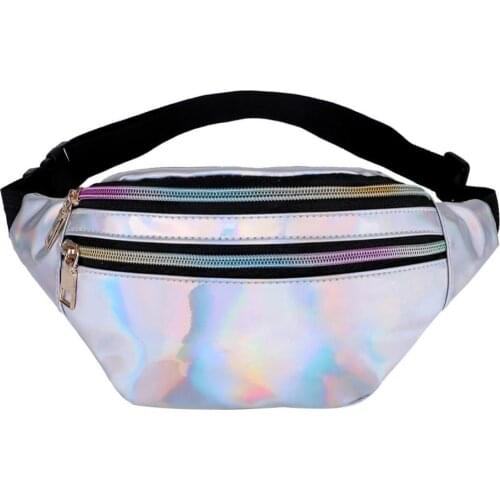 70% Hot Sell Fashion Glossy Laser Zipper Waist Pack Adjustable Strap Woman Corssbody Bag