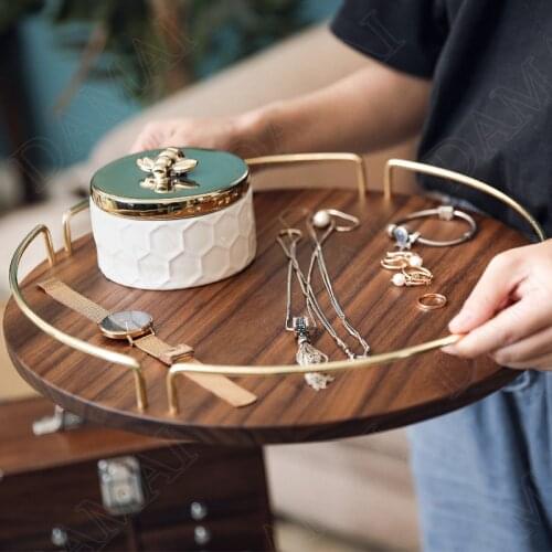 Metal Frame Storage Trays Walnut Decorative Cosmetic Container European Living Room Desktop Organizer Home Decoration Modern