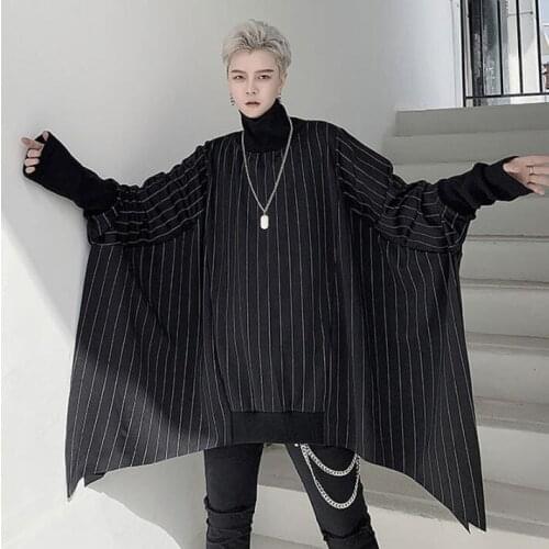 Loose bat sleeves shirt men long sleeve stripe shirt High collar teenage korean shirt mens personality stage singer dance B425