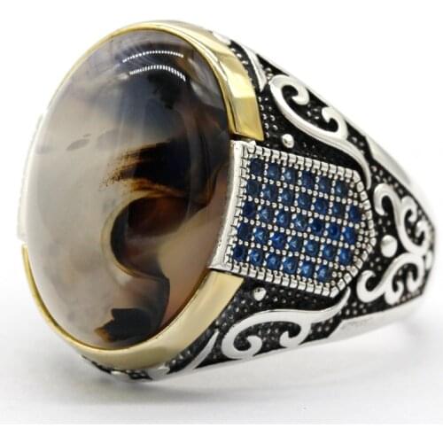 New authentic sterling silver antique Turkish blue zircon ring and agate stone mens colorful punk rock jewelry