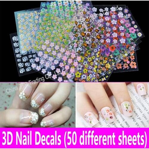 3D Nail Decals Nail Art Stickers 50 Different Sheets Kids Girls Fingernail Decoration Flower Pattern Set Mixed Manicure Pedicure