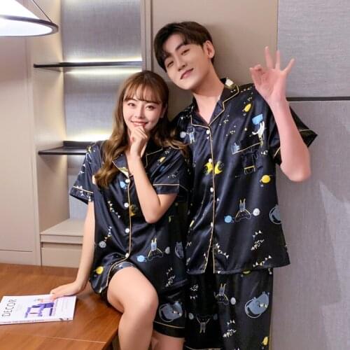 New Young Lover Pajamas Set Fake Silk Women Short Sleeve Summer Man Pyjama Loose Home Men Pijama Set Soft Sleepwear for Man
